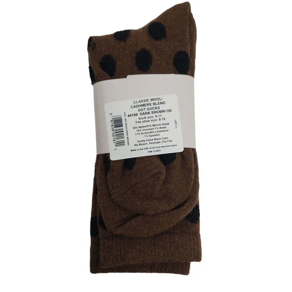 Brown Polka Dot Crew Socks Medium Garnet Hill 9-11 Warm Cozy Cashmere Blend NEW